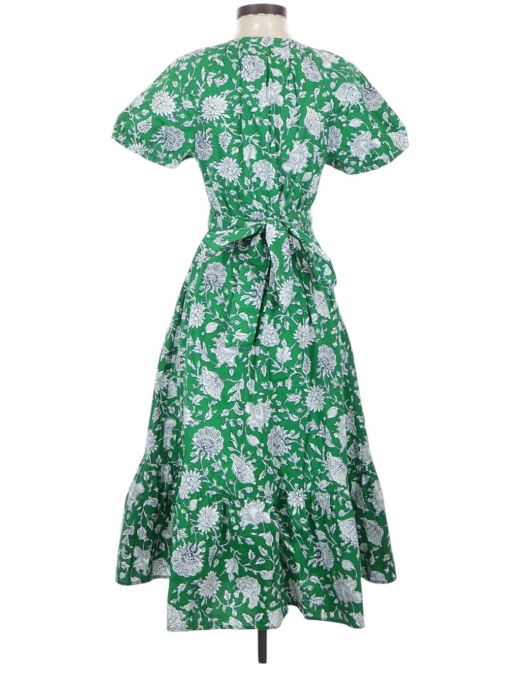 J. Crew Floral Midi Dress 0 Green Tie Waist Short Sleeve Vacation Summer NWT - Picture 2 of 7